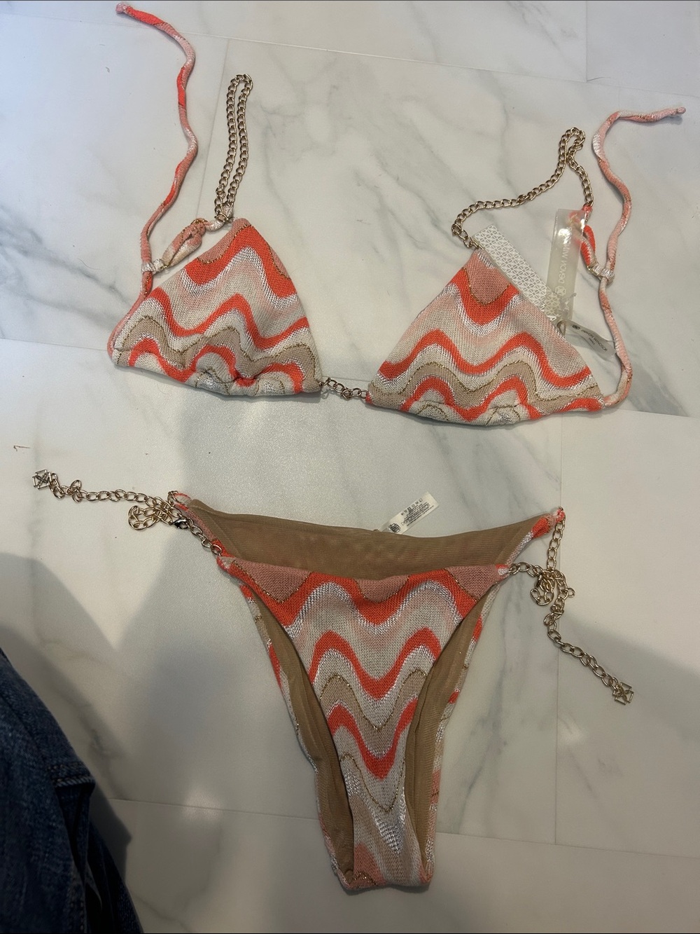 DEVON WINDSOR Coral and Beige Wave Chain-Trim Bikini